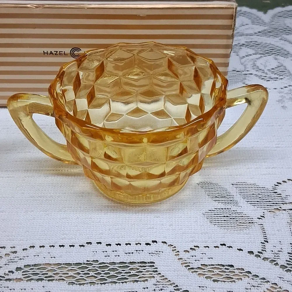 Vintage amber glass creamer and sugar set‎ -cubist depression glass